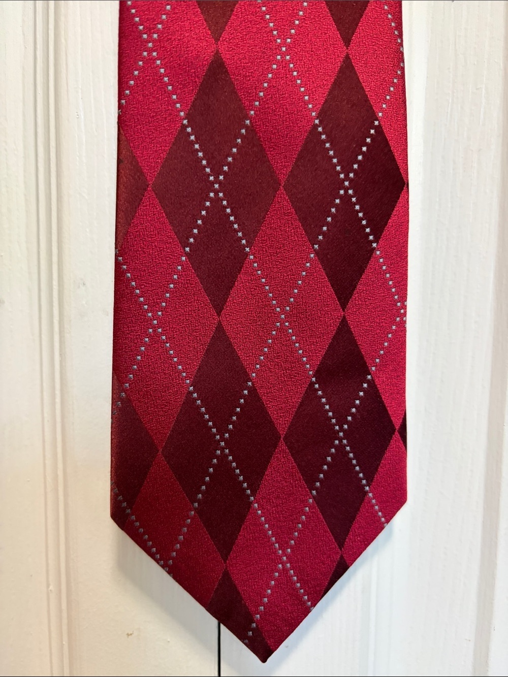 Geoffrey Beene Red Argyle Silk Tie Silver Dots